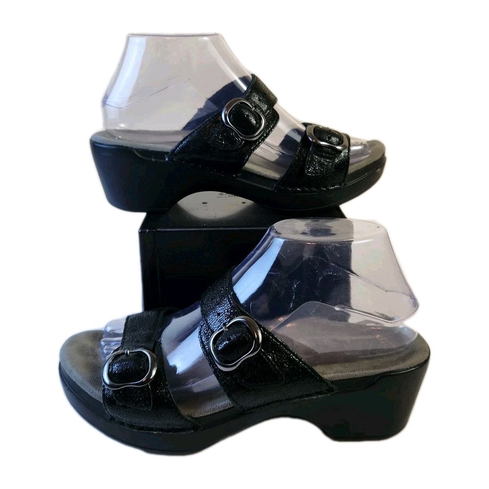 Dansko Womens 39 Sophie Sandals Black Leather Wedge Platform Buckle Slide 8.5-9